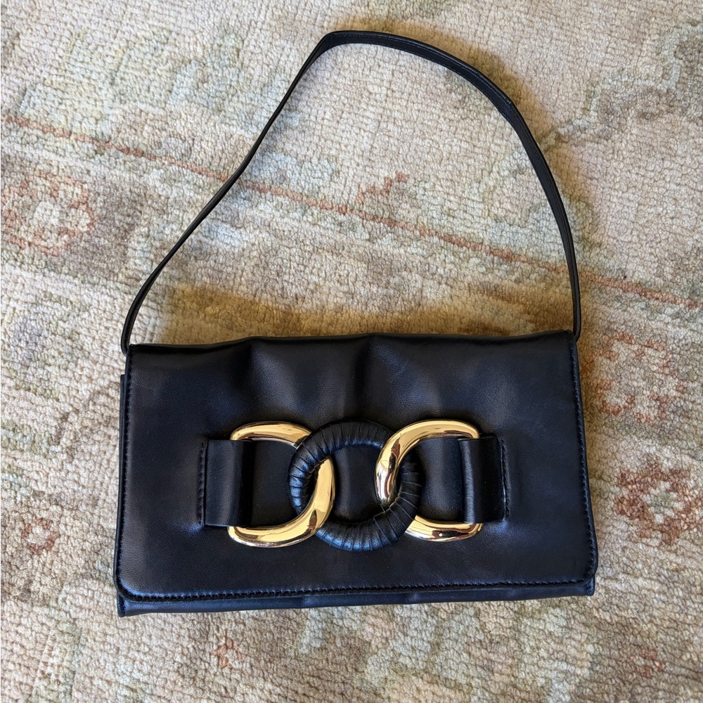 Michael Kors Black Clutch Women's Shoulder Bag with Gold Ring Accent